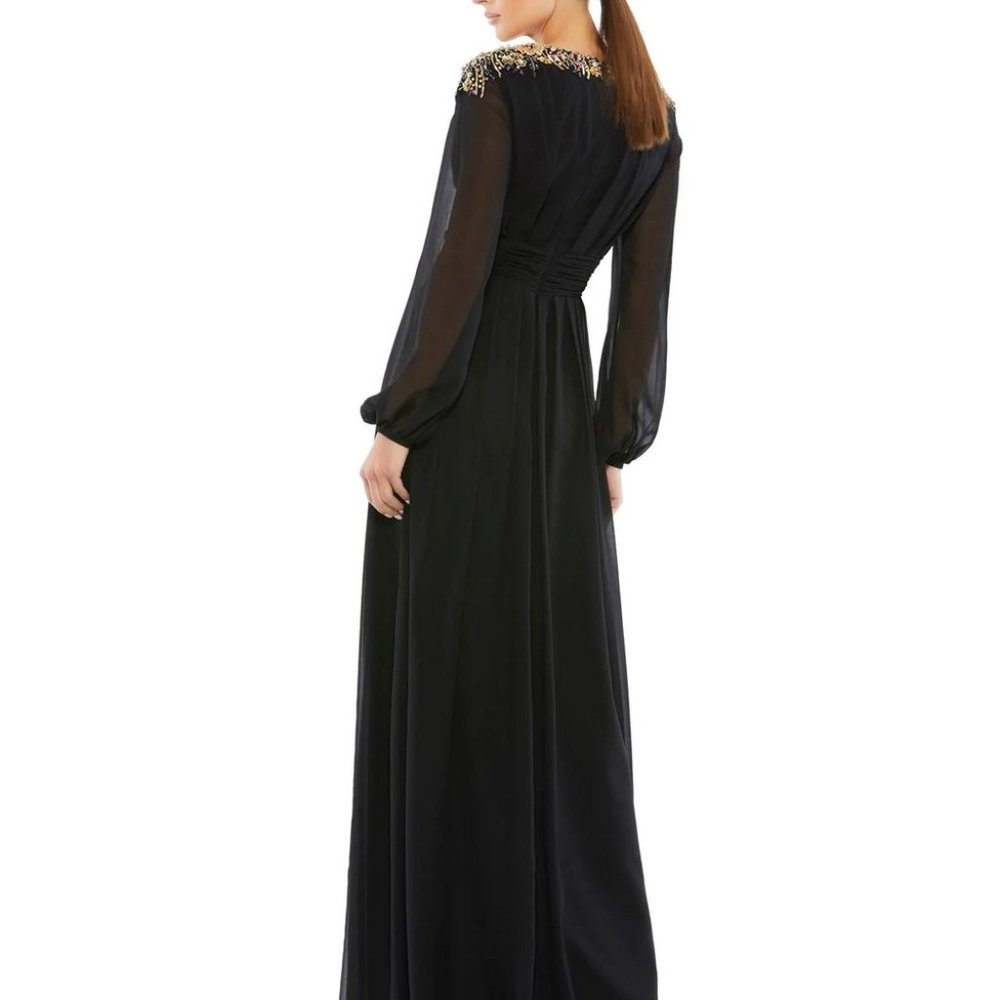 Ieena Mac Duggal Black Embellished Puff Sleeve Chiffon Gown - Picture 3 of 9